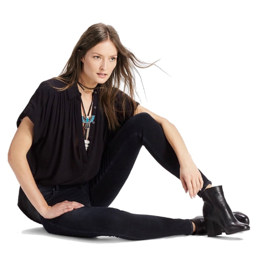 Lucky Brand Black Drapey Polo Collar Blouse Size S